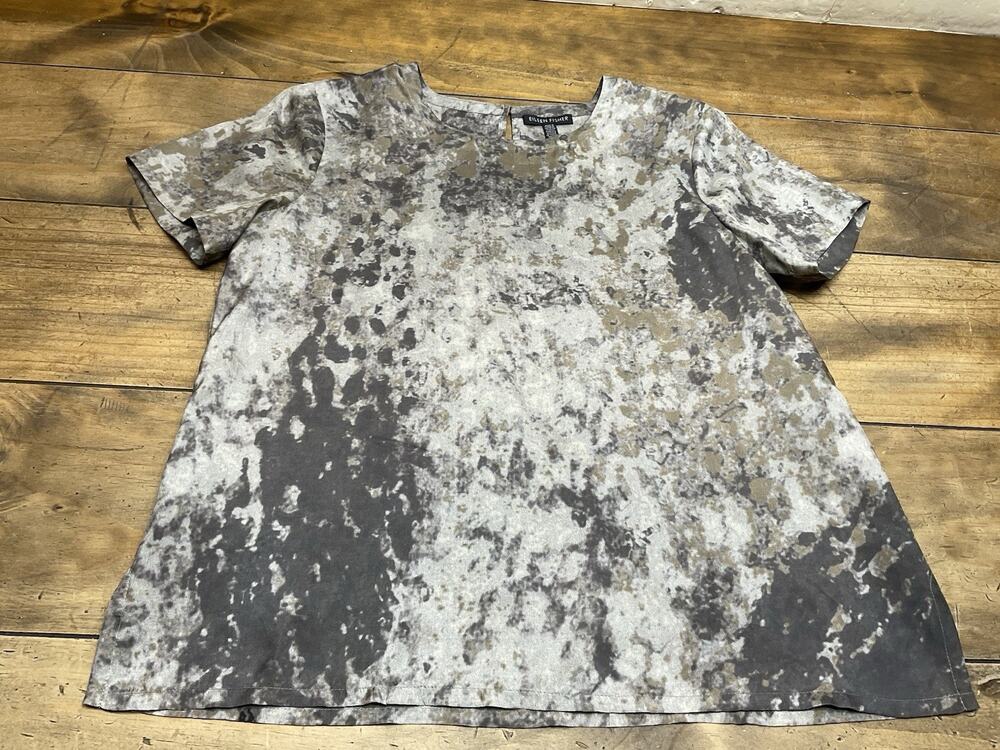 Eileen Fisher 100% Silk Short Sleeve Top Crew Neck Printed Blouse XXS